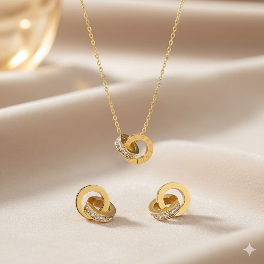 Classic Double Ring Pendant Necklace & Drop Earring Set